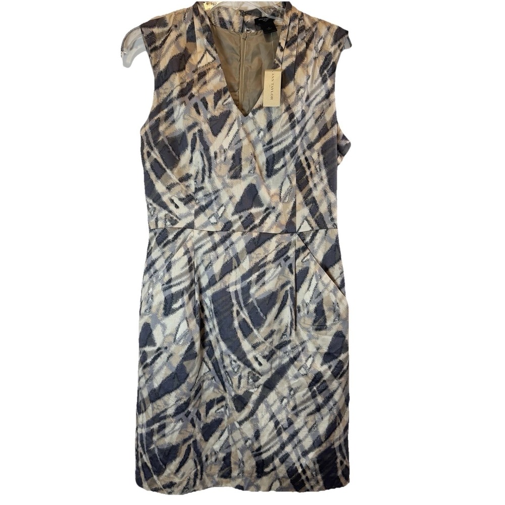 Ann Taylor Dress Womens 6 Sheath Grey Tan Abstract V-Neck Pockets‎ Lined NEW